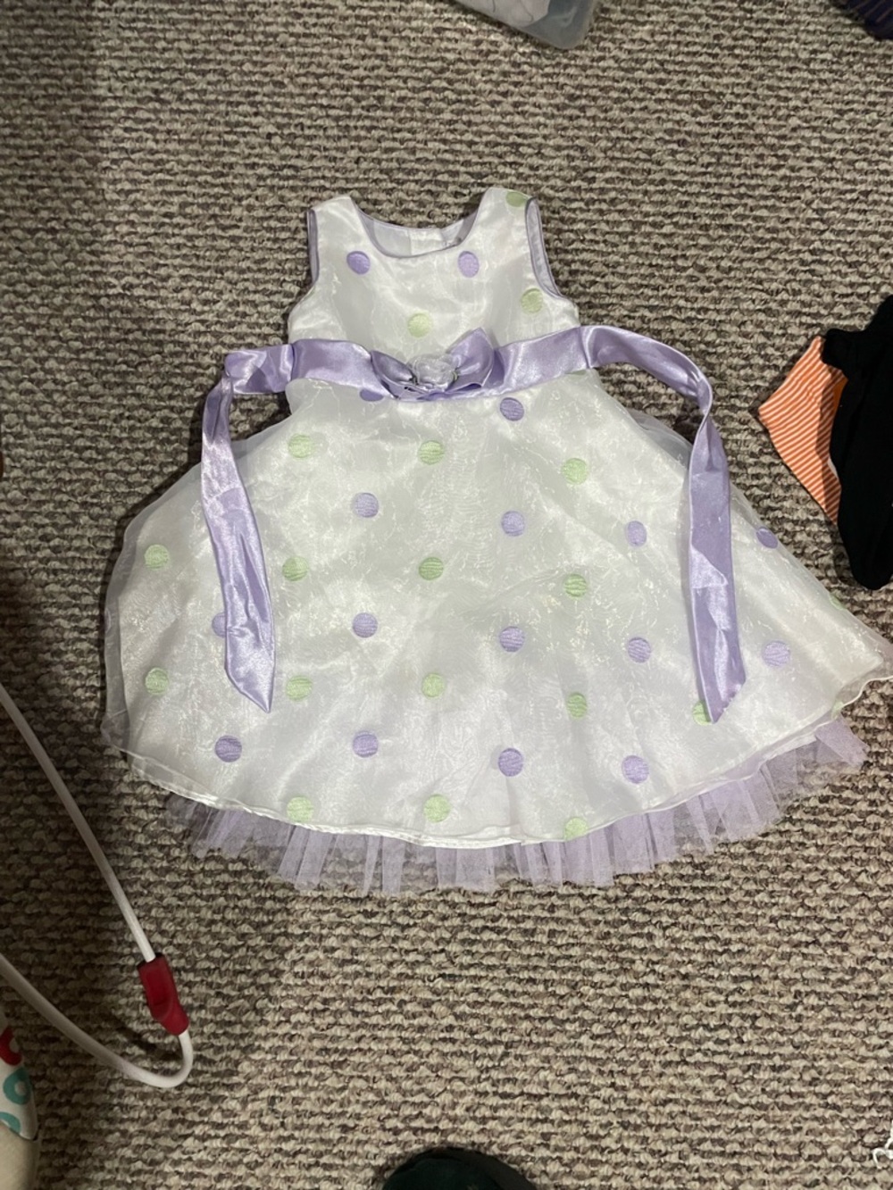 Girls White Party Dress with Lavender and Green Polka Dots